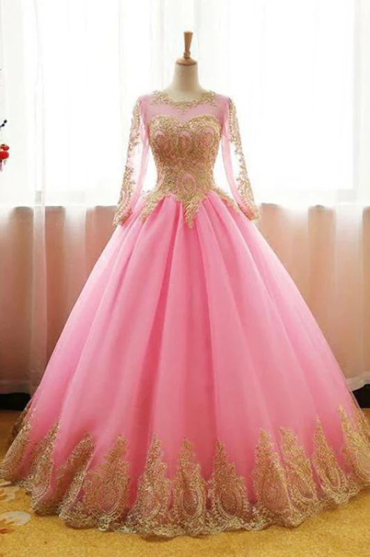 Ball Gown Tulle Prom Appliques Long Sleeves Quinceanera Dress
