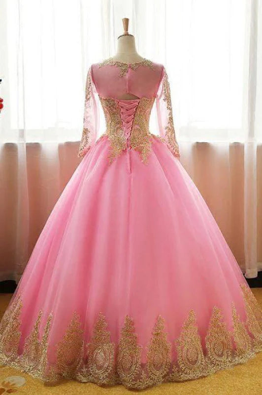 Ball Gown Tulle Prom Appliques Long Sleeves Quinceanera Dress