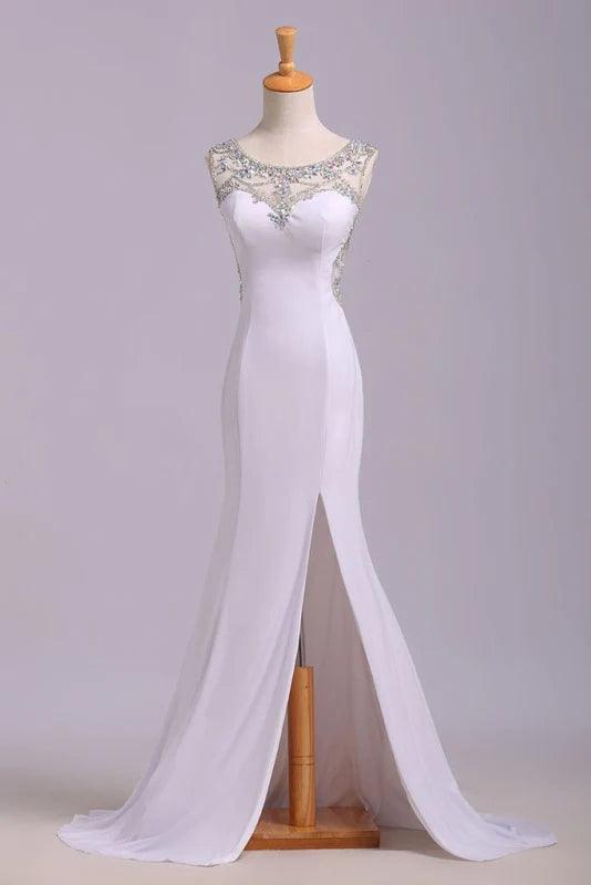 Mermaid Excellent Sleek Sleeveless Split Sequins Sweep Train Prom Dress