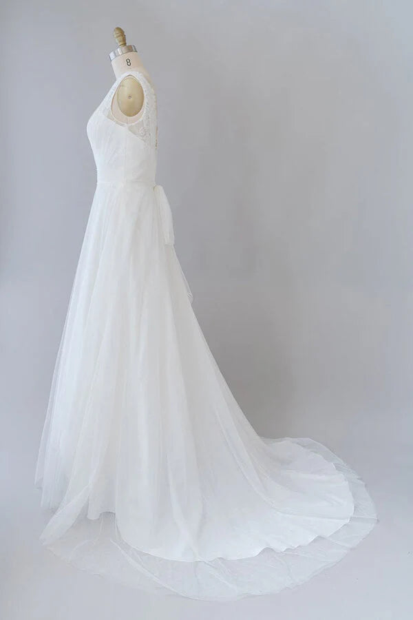 A-line V-neck Lace Tulle Backless Long Wedding Dress