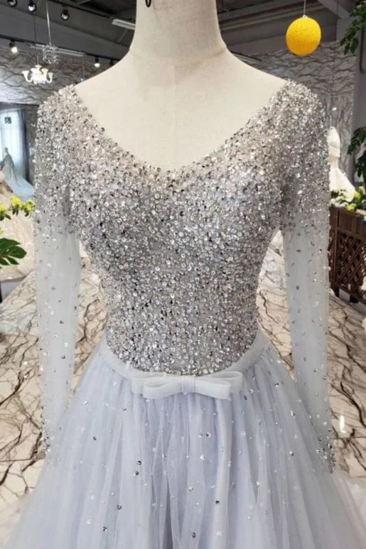 A Line Long Sleeves Tulle Sequins Sparkly V Neck Prom Dress