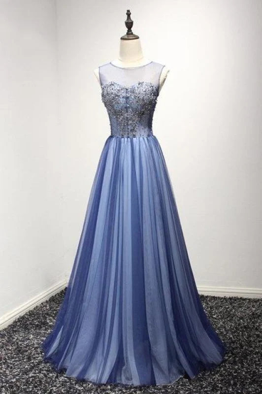 A Line Sheer Neck Rhinestones Long Tulle Prom Dress