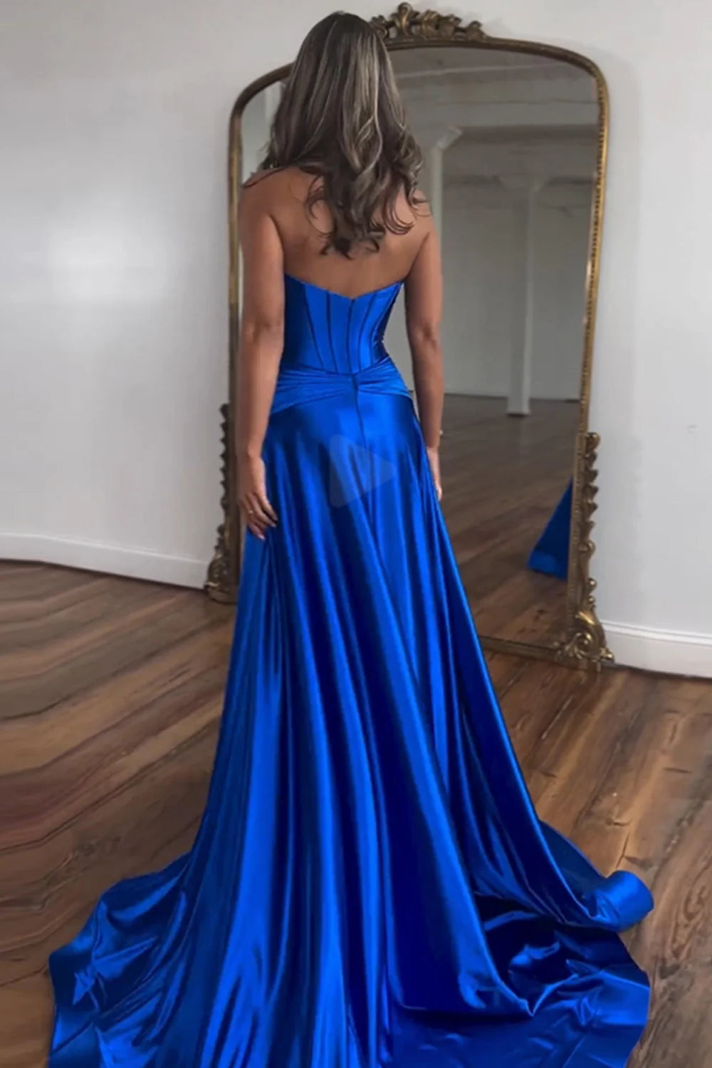 A-Line Strapless Royal Blue Satin Long Prom Dress With Split