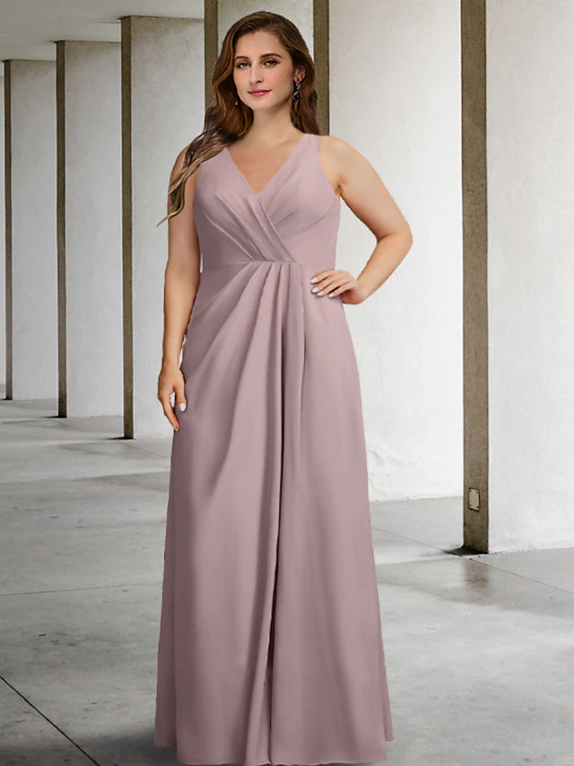 Two Piece A-Line Plus Size Curve Mother of the Bride Dresses Elegant Dress Formal Floor Length Sleeveless V Neck Chiffon with Pleats Ruffles