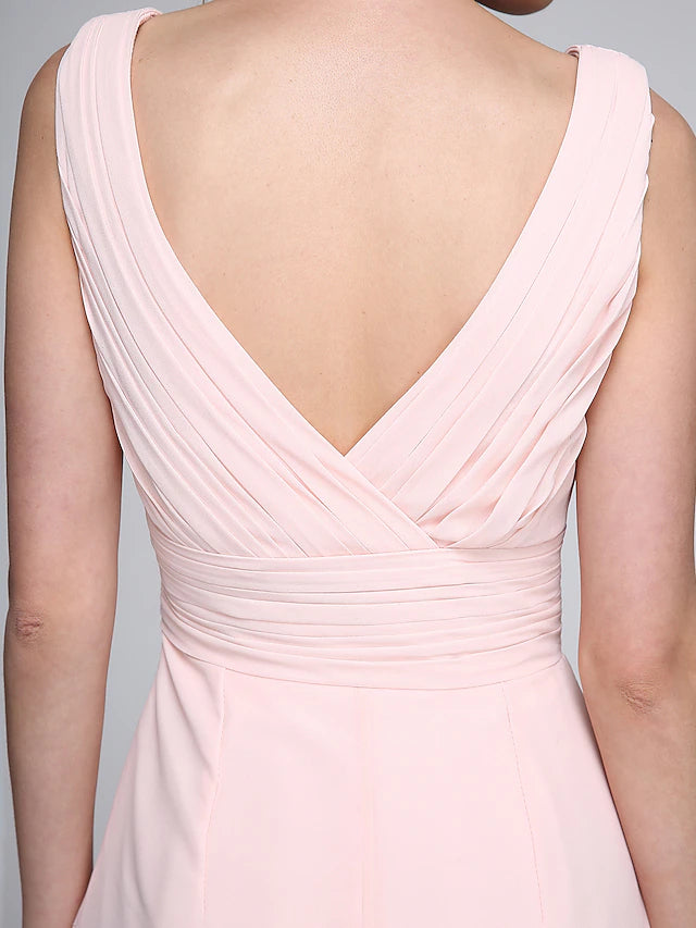 Etui-/Säulen-Brautjungfernkleid, V-Ausschnitt, ärmellos, elegant, bodenlang, Chiffon mit gekreuzten/gerüschten Ärmeln