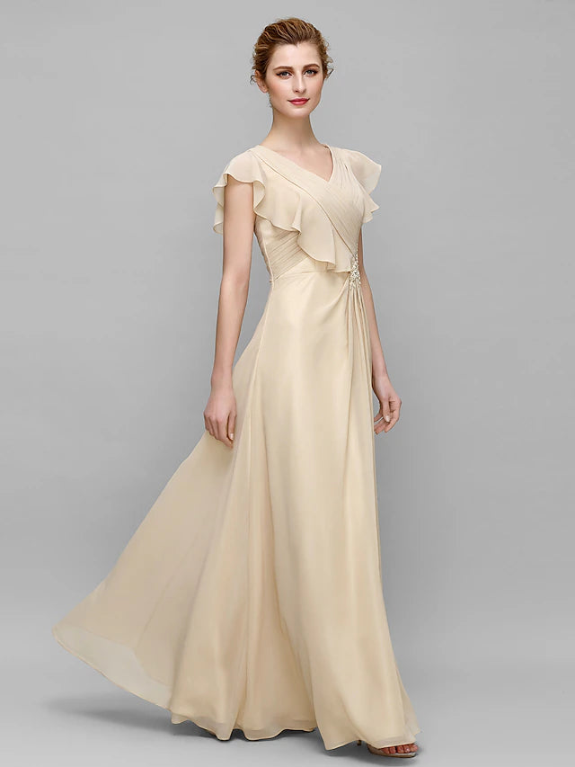 Sheath / Column Mother of the Bride Dress Plus Size Elegant V Neck Floor Length Chiffon Sleeveless with Criss Cross Appliques