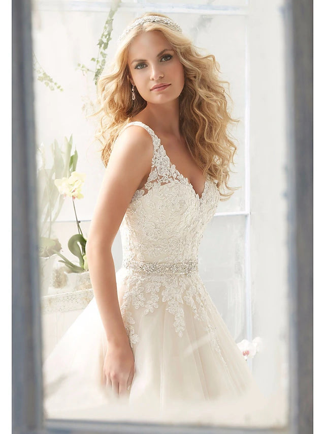 Engagement Open Back Sexy Formale Brautkleider Gericht Zug A-Linie Ärmellose V-Ausschnitt Spitze