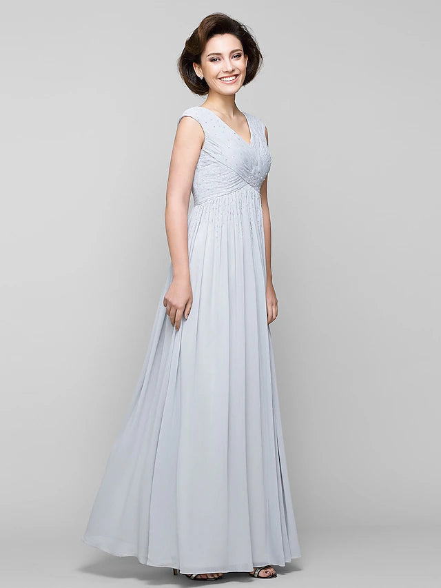 A-Line Mother of the Bride Dress Elegant V Neck Floor Length Chiffon Sleeveless with Criss Cross Beading