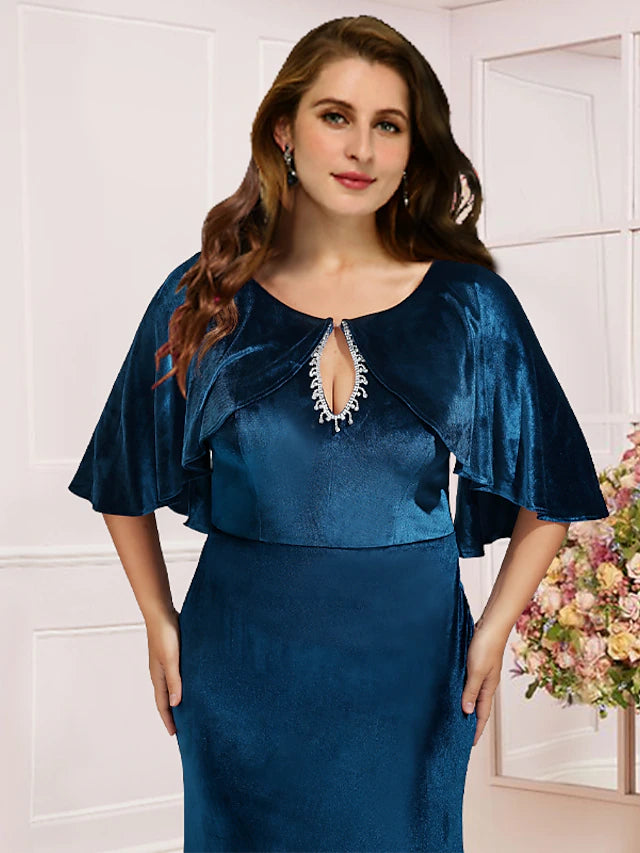Plus Size Curve Mother of the Bride Dress Wedding Guest Vintage Elegant Scoop Neck Sweep / Brush Train Velvet Half Sleeve with Lace Pleats Beading