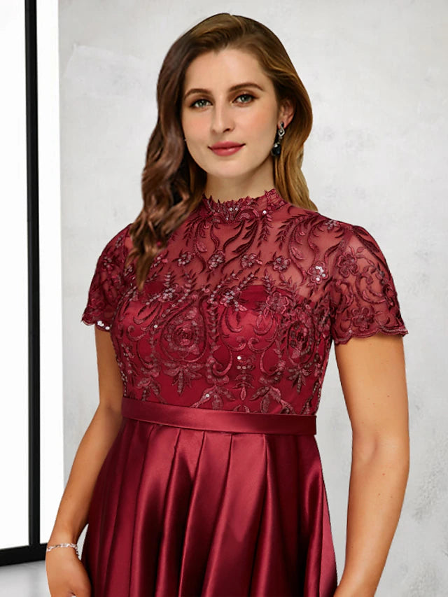 A-Line Plus Size Curve Mother of the Bride Dresses Vintage Dress Formal Asymmetrical Short Sleeve High Neck Taffeta with Pleats Sequin