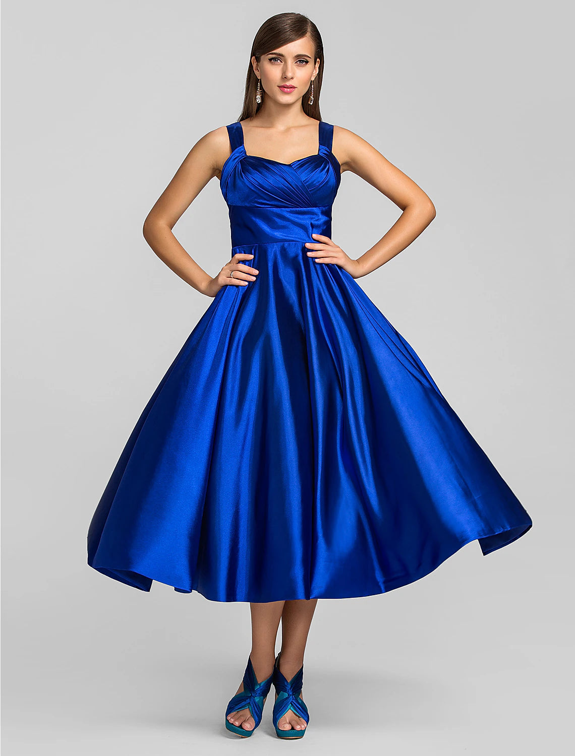 A-Linien-Minimalistisches Kleid für Hochzeitsgäste, Cocktailpartys, knielang, ärmellos, quadratischer Ausschnitt, Stretch-Satin mit überkreuzten Trägern