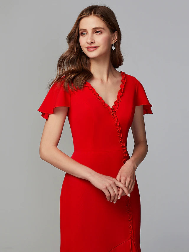 Etuikleid/Säulenkleid für die Brautjungfer, V-Ausschnitt, kurze Ärmel, offener Rücken, bodenlang, Chiffon mit Schlitz vorne