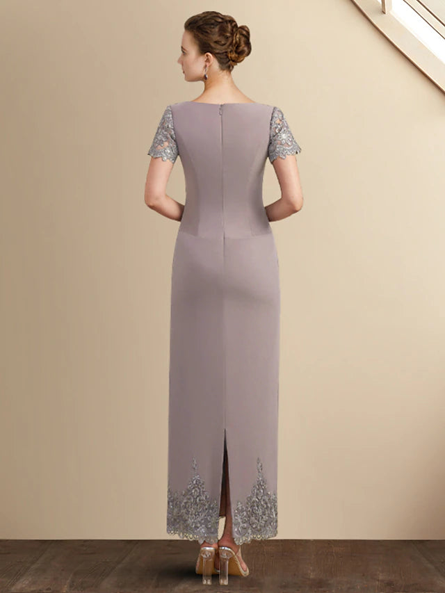 Sheath / Column Mother of the Bride Dress Elegant Jewel Neck Ankle Length Chiffon Lace Short Sleeve with Appliques