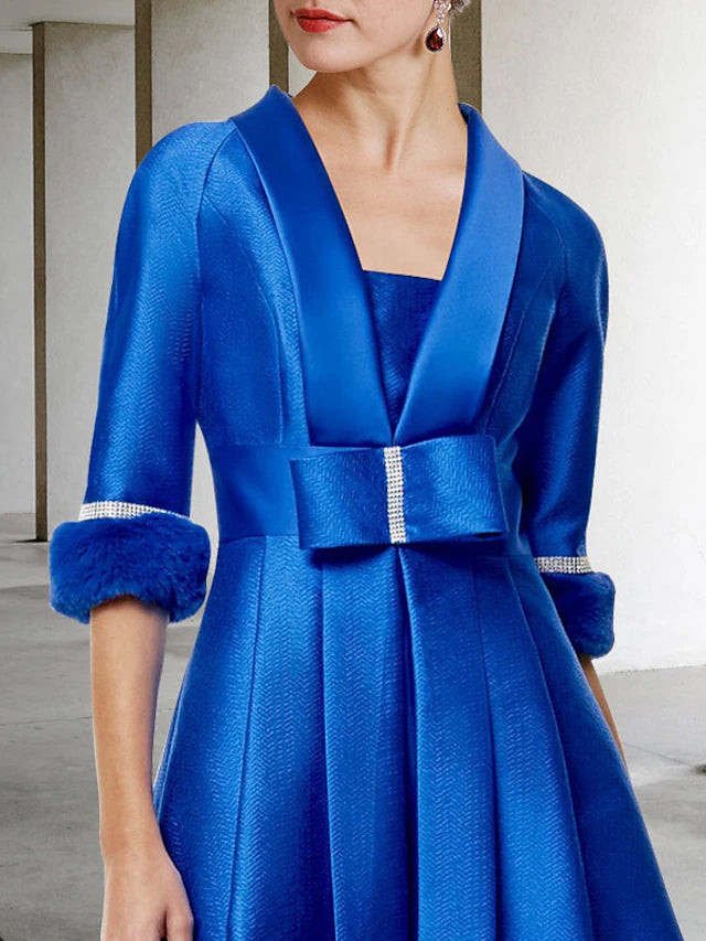 Two Piece A-Line Mother of the Bride Dress Elegant Jewel Neck Tea Length Satin Half Sleeve Jacket Dresses with Bow(s) Pleats Crystals