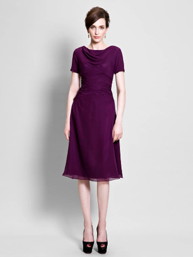 A-Line Mother of the Bride Dress Cowl Neck Tea Length Chiffon Short Sleeve with Ruched Side Draping