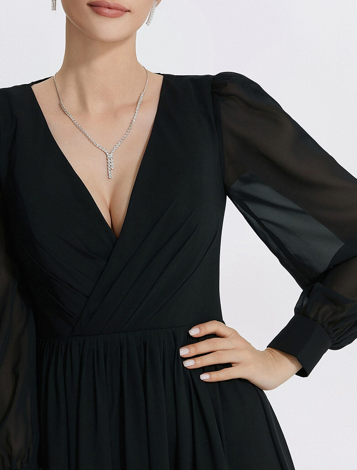 A-Linie Abendkleid Elegantes Kleid Formal Bodenlang Langarm V-Ausschnitt Chiffon mit Schlitz