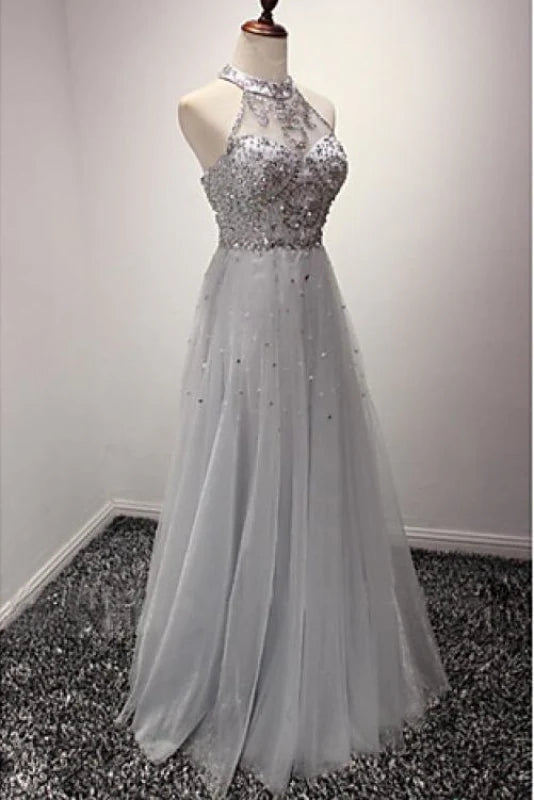 A Line Jewel Sleeveless Organza Sequins Crystals Prom Dress