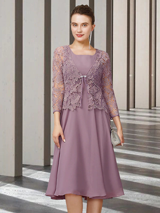 Two Piece A-Line Mother of the Bride Dress Elegant Jewel Neck Knee Length Chiffon Lace Sleeveless with Solid Color