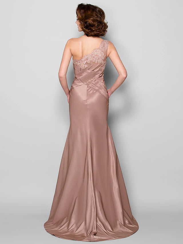 Meerjungfrau/Trompete Kleid für die Brautmutter mit Blumenmuster, eine Schulter, Sweep/Pinsel Schleppe, Spitze, Taft, ärmellos mit Blume