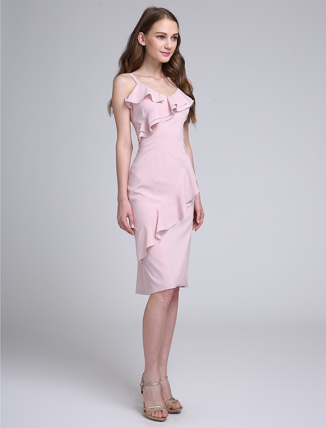 Etui-/Säulen-Brautjungfernkleid Spaghettiträger Ärmellos Elegant Knielang Chiffon mit Rüschen