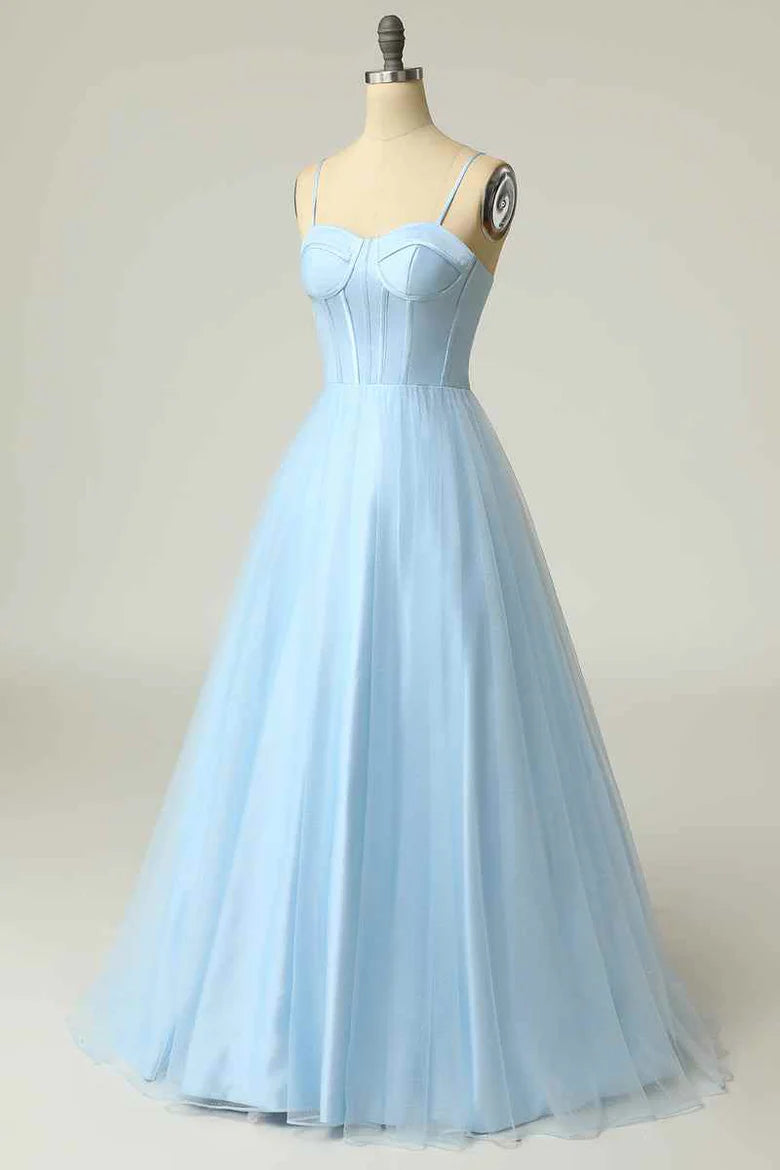 A-line Spaghetti Straps Tulle Long Prom Dress