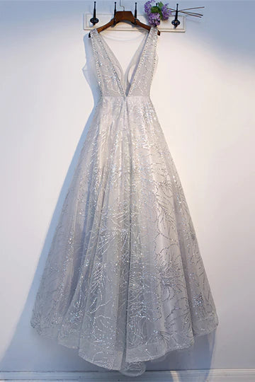 A-line Deep V Neck Sparkly-Embroidered Sequins Tea Length Formal Dress Prom Dresses