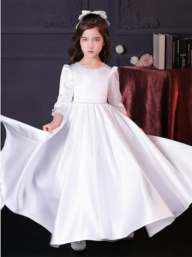 A-Line Floor Length Flower Girl Dress First Communion Girls Cute Prom Dress Satin with Faux Pearl Elegant Fit 3-16 Years