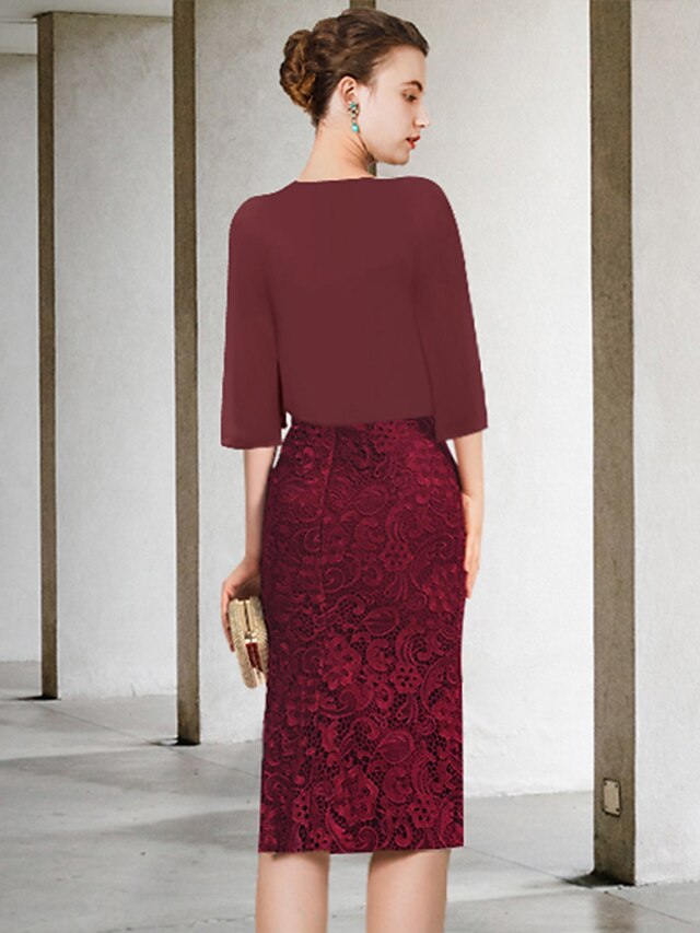 Two Piece Sheath / Column Mother of the Bride Dress Formal Wedding Guest Party Elegant Off Shoulder Knee Length Chiffon Lace Short Sleeve with Appliques