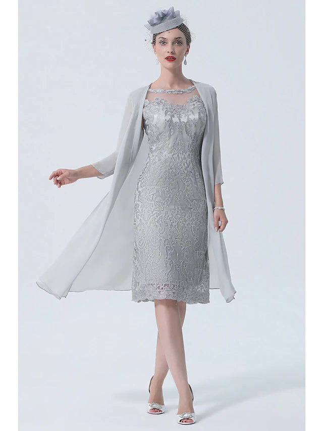 Two Piece Mother of the Bride Dress Church Vintage Plus Size Sexy Jewel Neck Tea Length Chiffon 3/4 Length Sleeve with Lace