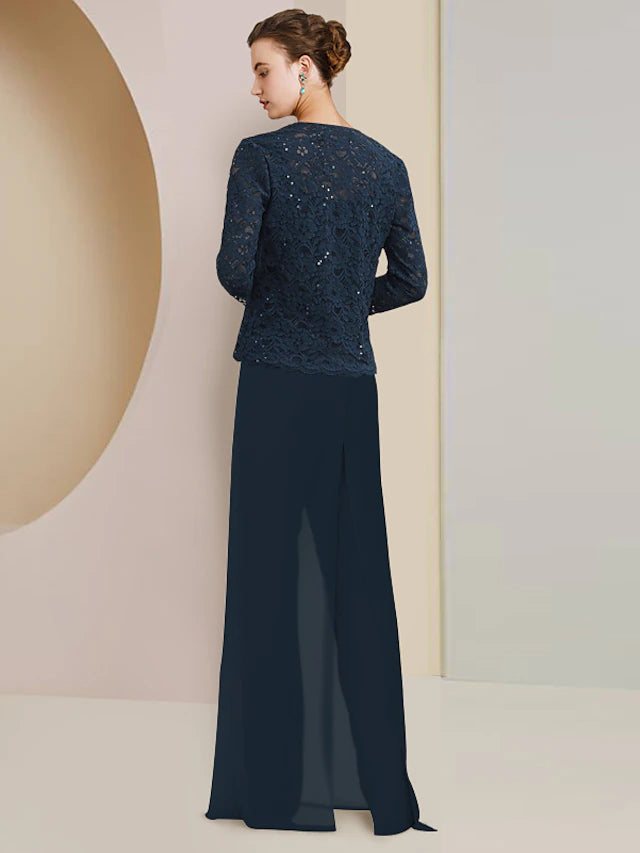Jumpsuit / Pantsuit 3 Piece Mother of the Bride Dress Formal Wedding Guest Plus Size Elegant Scoop Neck Floor Length Chiffon Lace Sleeveless Wrap Included with Sequin