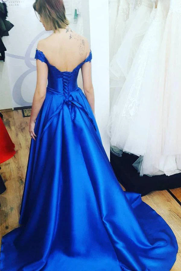 A-line Off the Shoulder Lace-Up Back Royal Blue Long Prom Dress