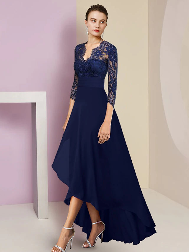 A-Line Mother of the Bride Dress Formal Wedding Guest Elegant High Low V Neck Asymmetrical Tea Length Chiffon Lace 3/4 Length Sleeve with Ruched