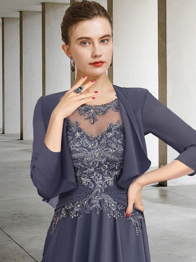 Two Piece A-Line Plus Size Curve Mother of the Bride Dress Elegant Jewel Neck Ankle Length Chiffon Lace Short Sleeve Wrap Included with Ruched Appliques