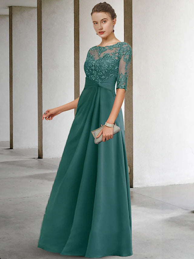 Etuikleid/Säulenkleid für die Brautmutter, Übergröße, elegant, Rundhalsausschnitt, bodenlang, Chiffon, Spitze, kurze Ärmel mit Applikationen, seitlich drapiert