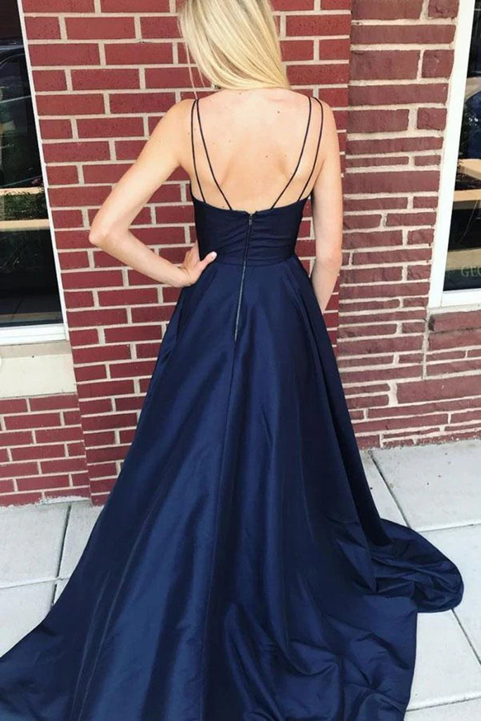 A Line V Neck Long Spaghetti Straps Prom Dresses With Side Slit