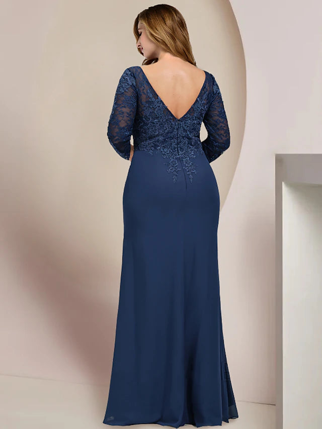 Plus Size Curve Mother of the Bride Dress Wedding Guest Party Elegant Scoop Neck Floor Length Chiffon Lace Long Sleeve with Split Front Ruching