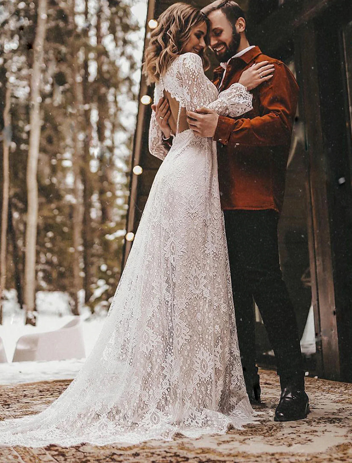 Strand Open Back Boho Brautkleider A-Linie V-Ausschnitt Langarm Hofschleppe Spitze Brautkleider mit Volltonfarbe 