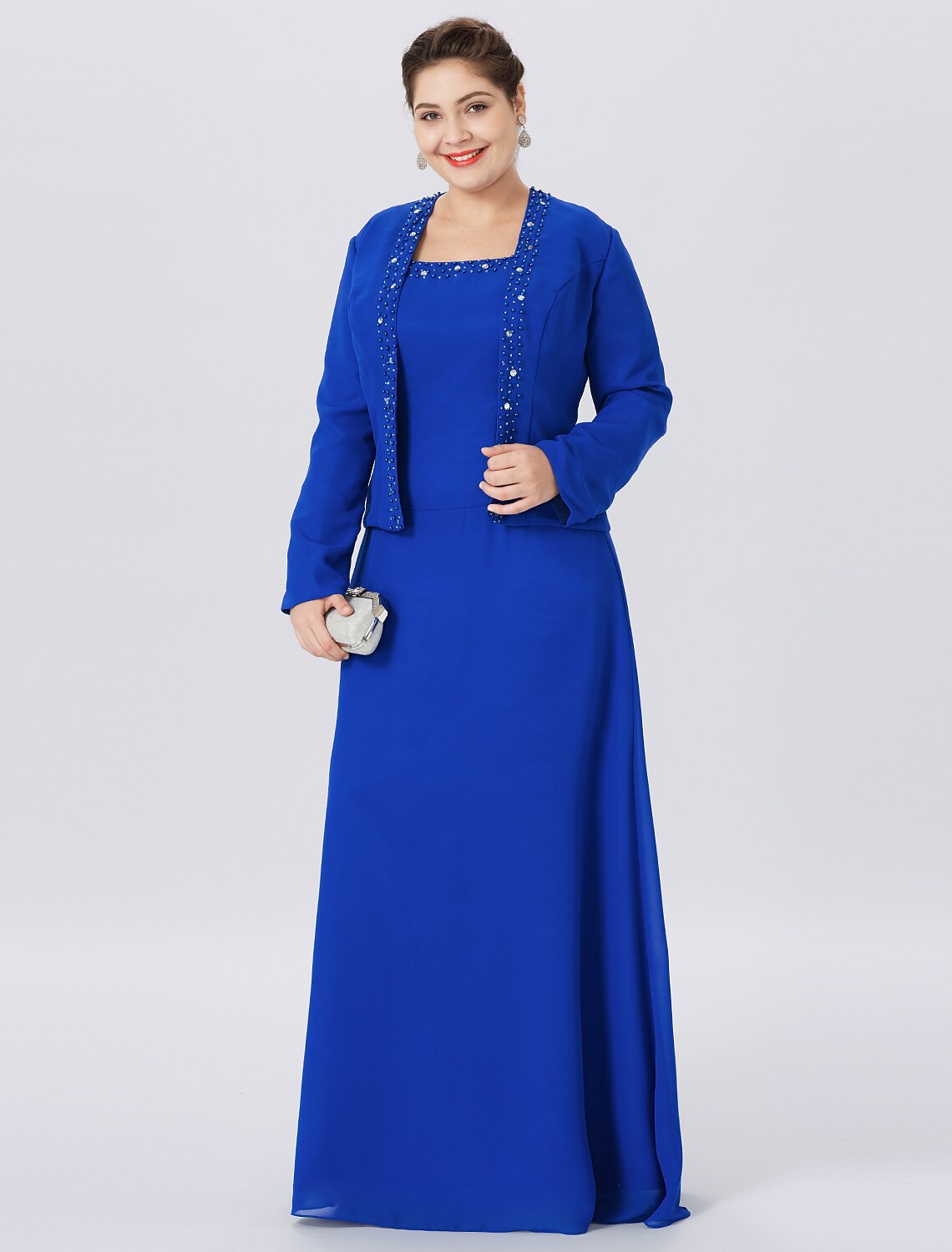 A-Linien-Kleid für die Mutter der Braut, formell, klassisch und zeitlos, elegant und luxuriös, Übergröße, Träger, bodenlang, Chiffon, Spitze, lange Ärmel, Wickelkleid mit Perlen und Kristallen