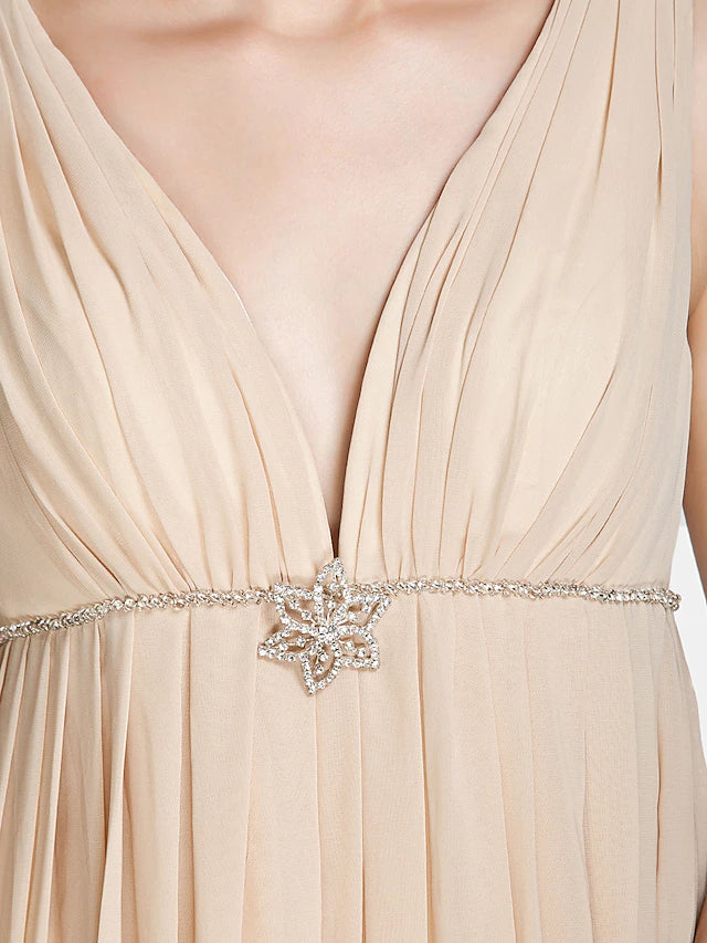 A-Linie Brautjungfernkleid V-Ausschnitt Ärmellos Schöner Rücken Bodenlang Chiffon mit Falten / Perlenbesatz / Drapierung