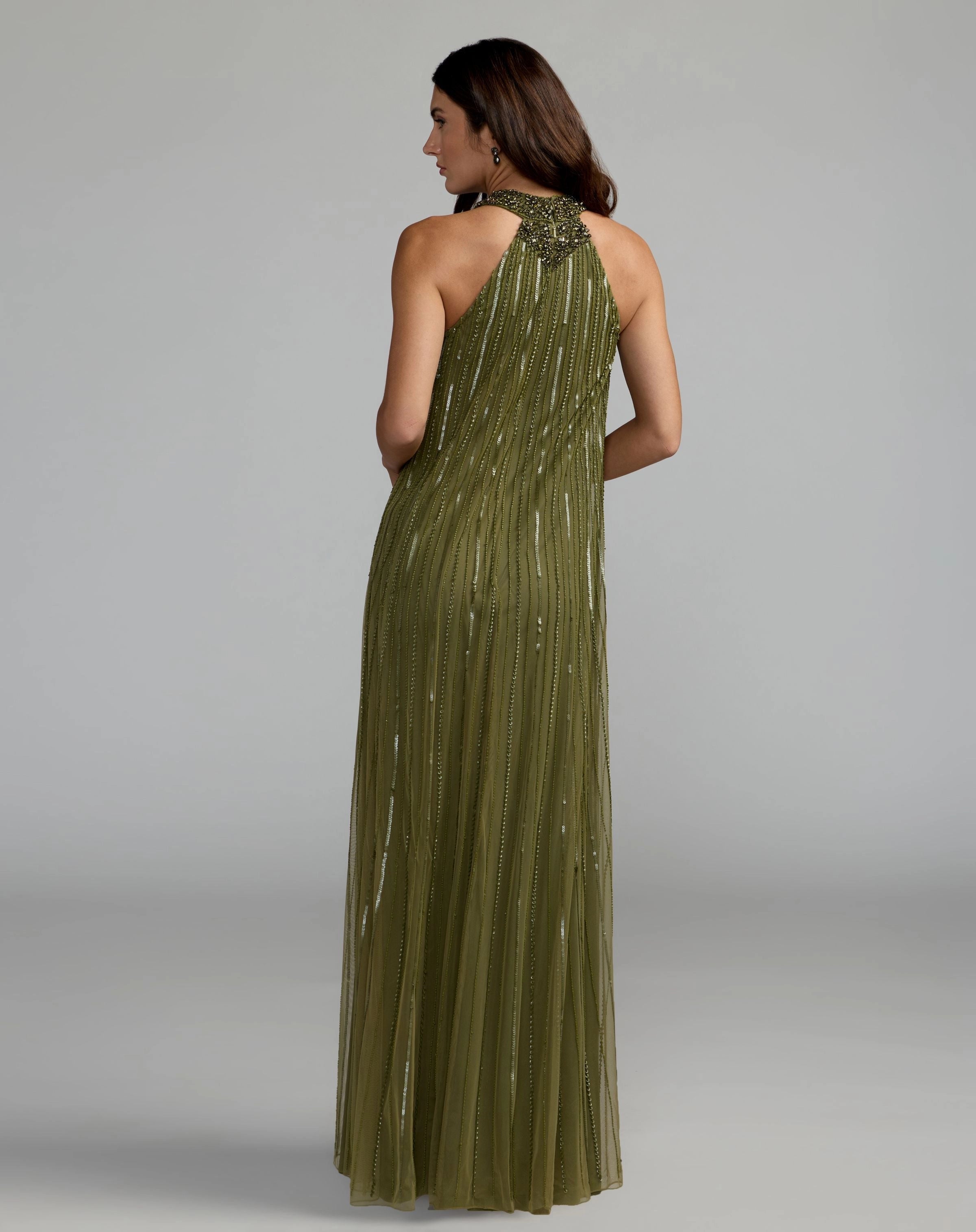 Olive Green Halter Hand-Beaded Column Evening Gown