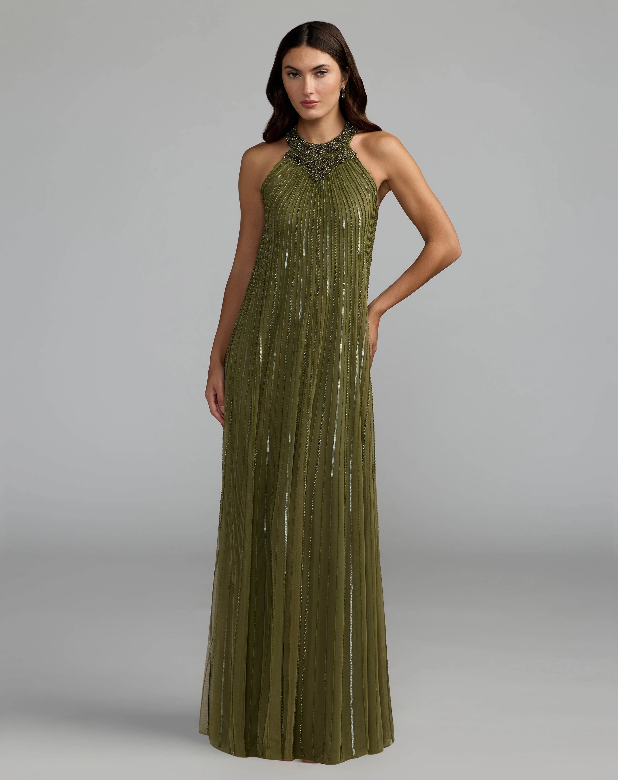 Olive Green Halter Hand-Beaded Column Evening Gown