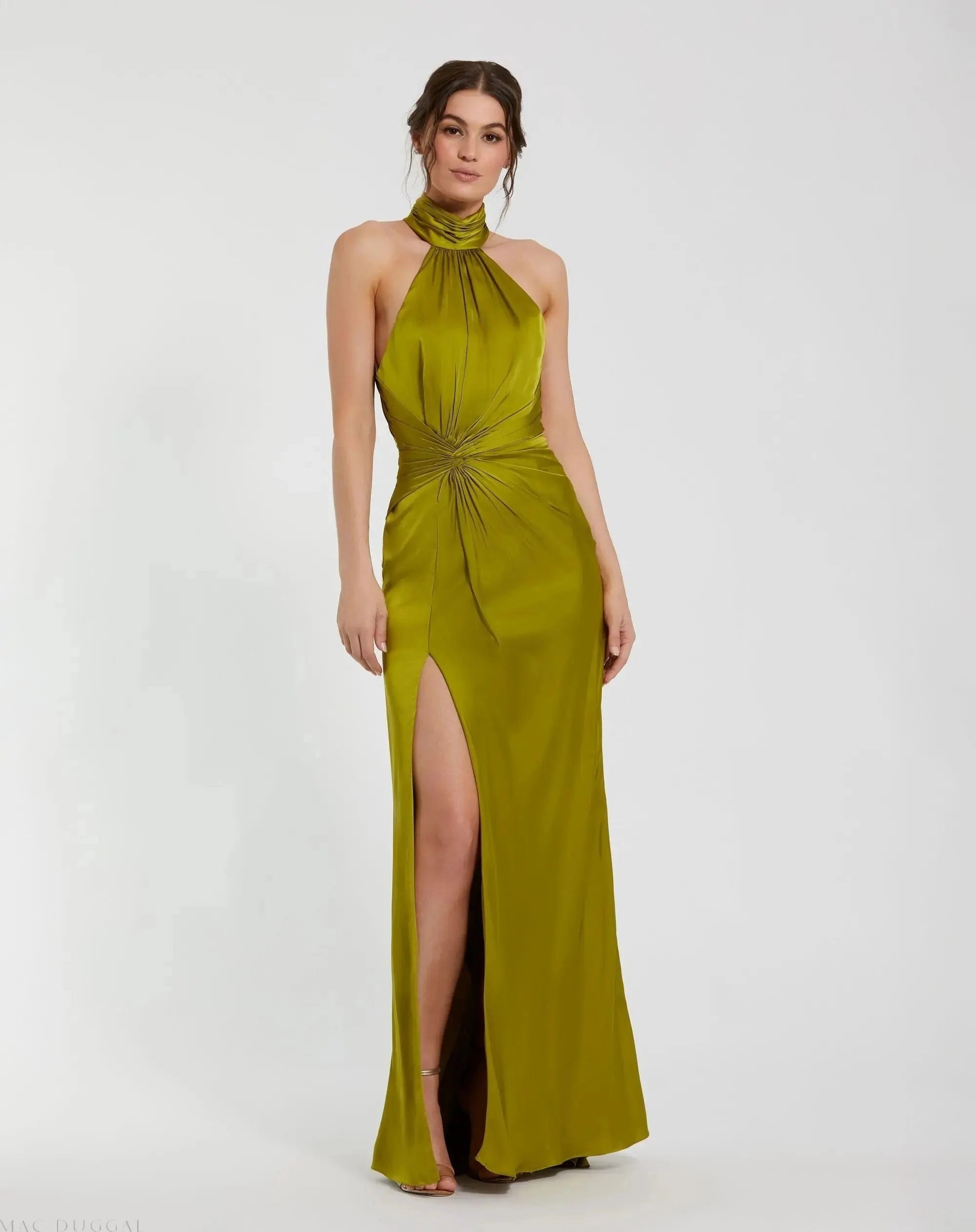 Halter olive green satin open back high slit prom gown