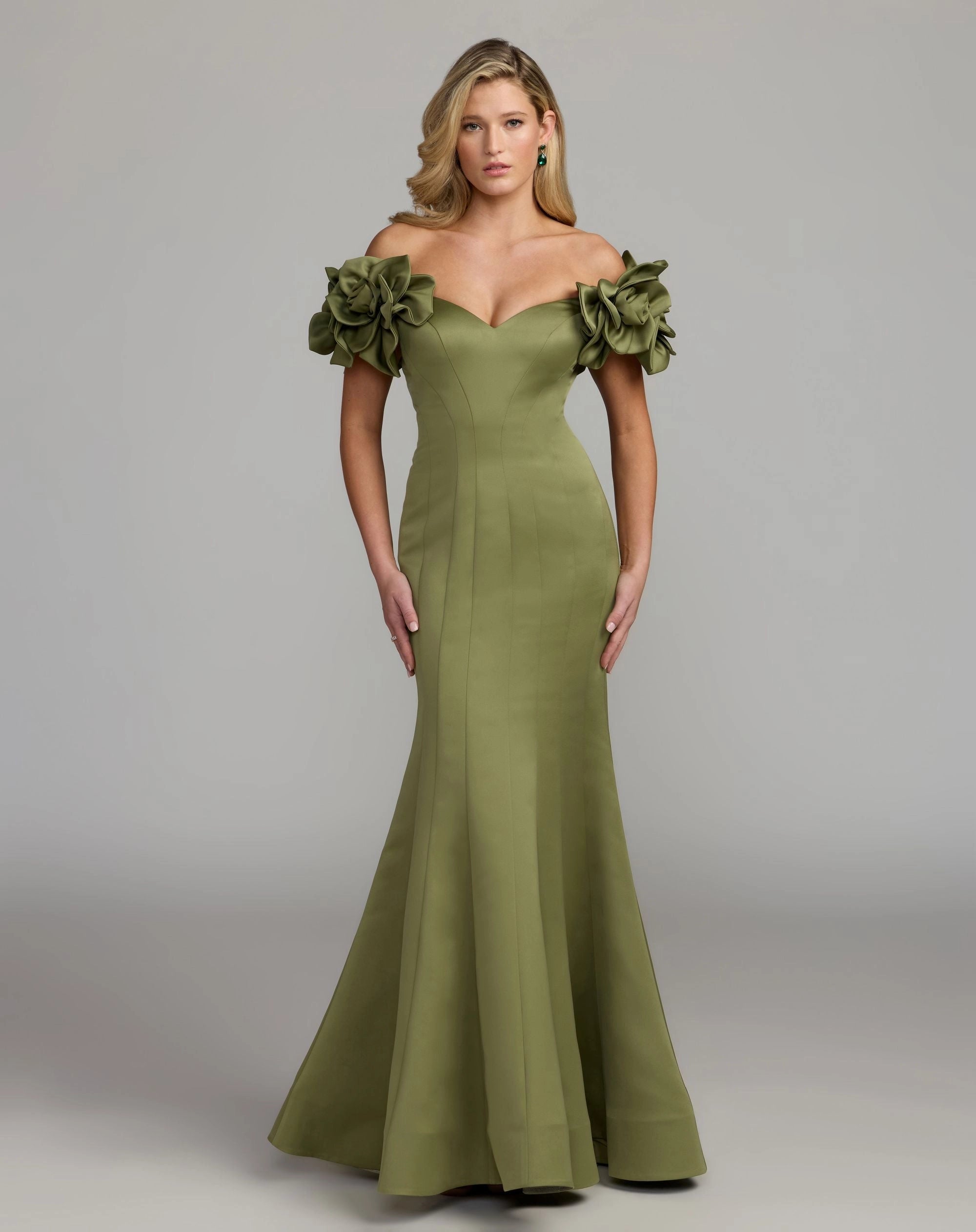 Olive Green Off Shoulder Satin Mermaid Gown With 3D Floral Appliques