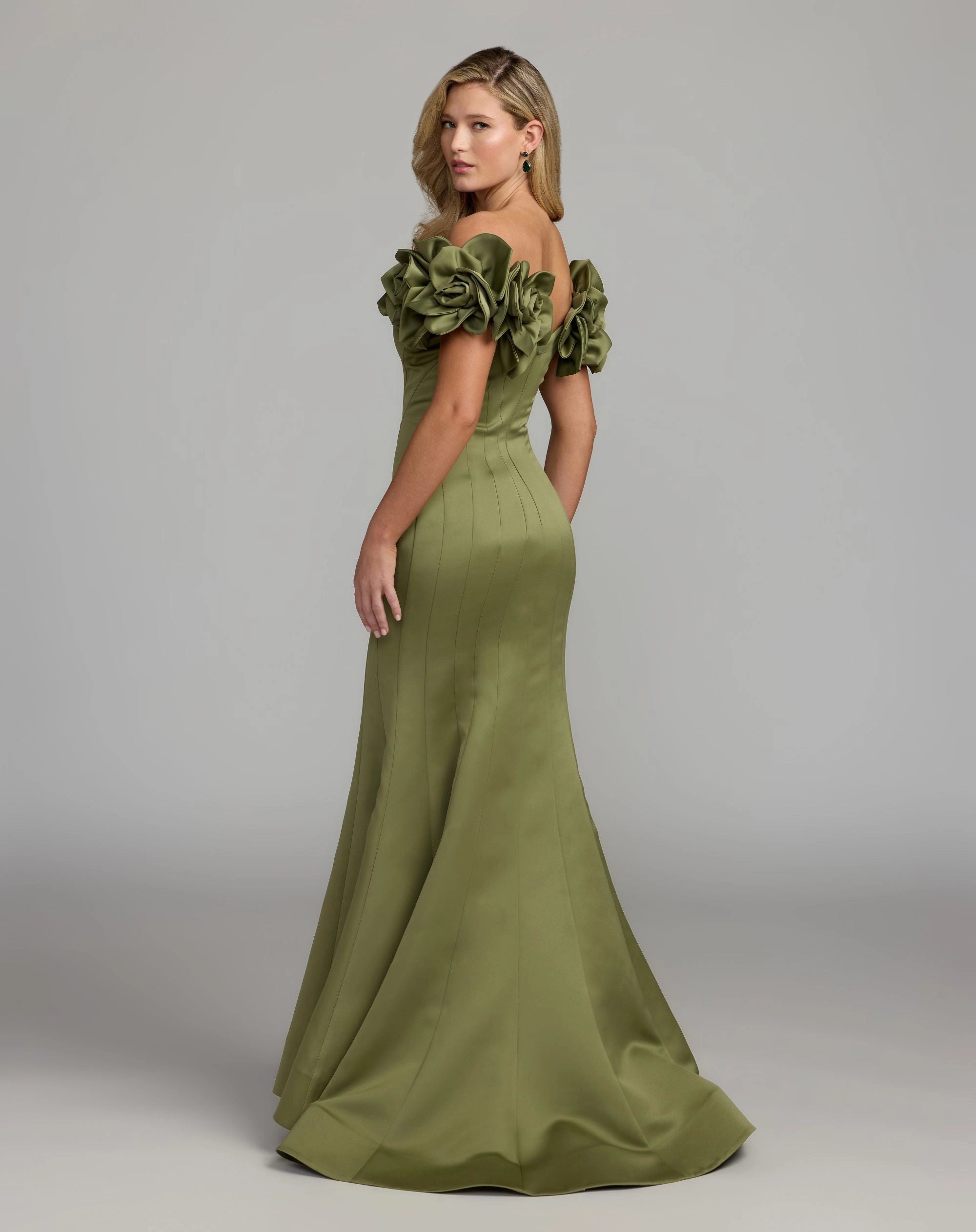 Olive Green Off Shoulder Satin Mermaid Gown With 3D Floral Appliques
