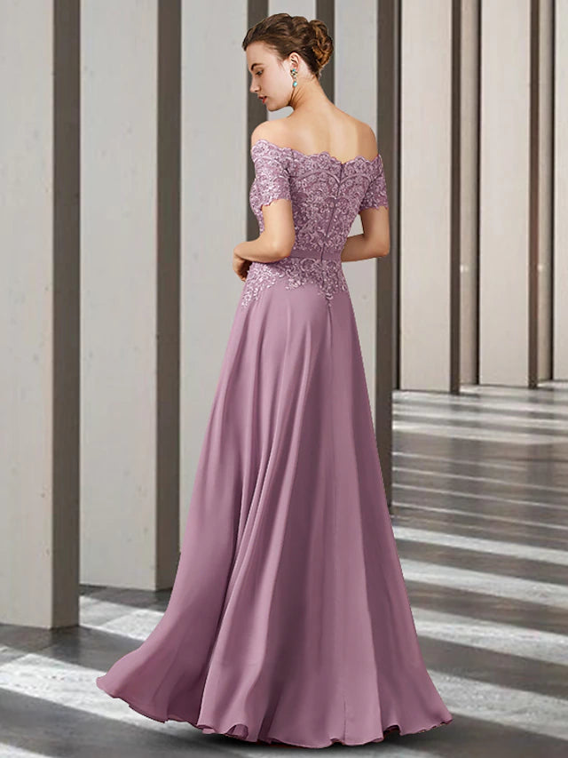 A-Line Mother of the Bride Dress Elegant Off Shoulder Floor Length Chiffon Lace Short Sleeve with Appliques