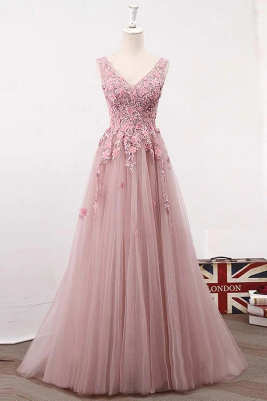 A Line V Neck Sleeveless Tulle Long Flowers Party Prom Dress