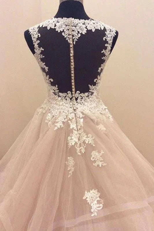 A-line V-neck Sleeveless Lace Appliques Tulle Prom Dress