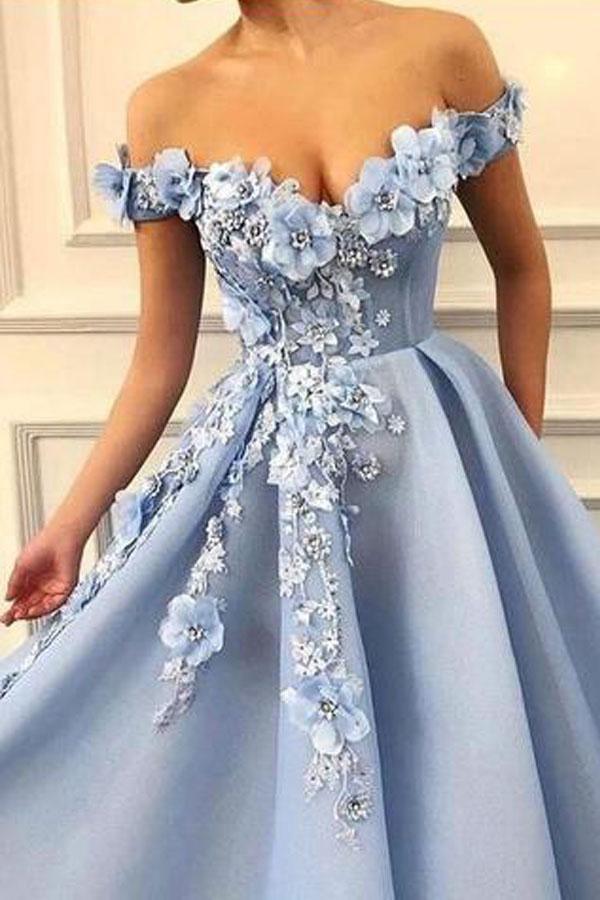 Appliques Off the Shoulder Flower Prom Dress