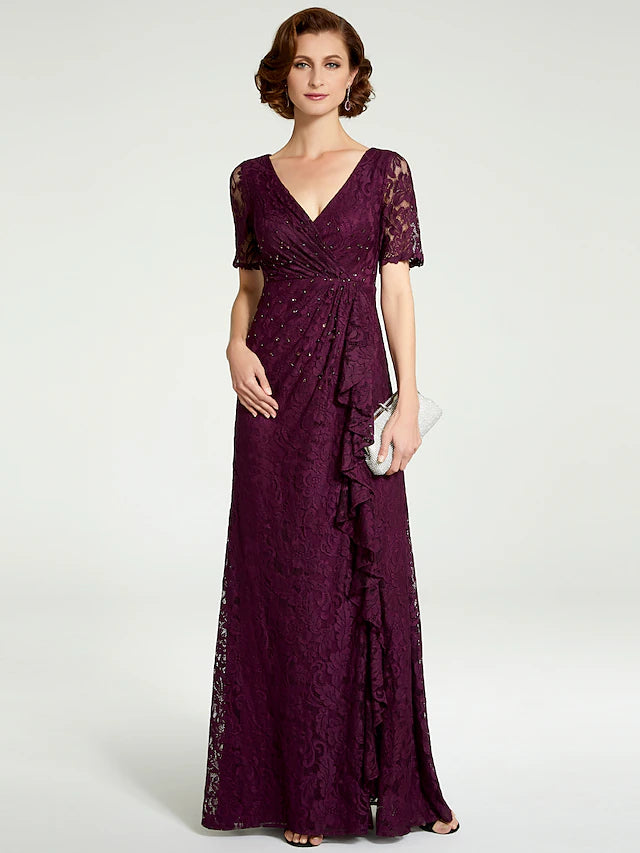Sheath / Column Mother of the Bride Dress V Neck Floor Length Lace Short Sleeve with Lace Beading