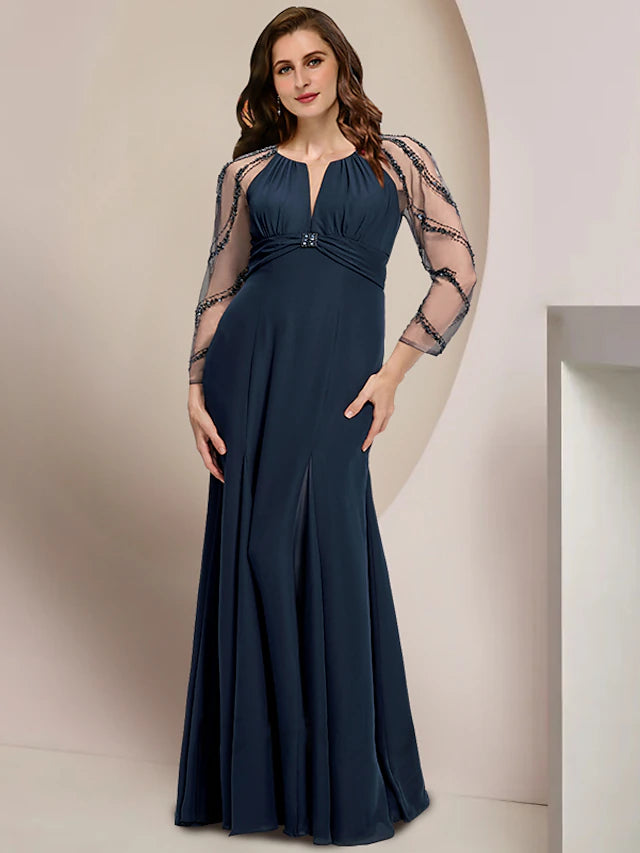 Plus Size Curve Mother of the Bride Dress Wedding Guest Vintage Elegant V Neck Floor Length Chiffon Long Sleeve with Pleats Sequin